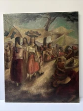 ANTIQUE PAINTING WPA MEXICAN VILLAGE PEOPLE PORTRAIT STREET SCENE IMPRESSIONIST