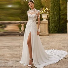 Long Sleeves High Neck Ivory Wedding Dresses with Split Lace Beaded Applique