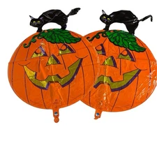 Vintage Superloon Balloon Mylar Helium Pumpkin W Black Cat Halloween 1993 Set 2