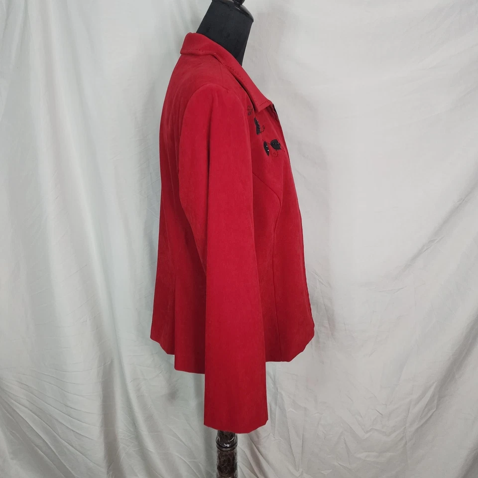 Chaqueta De Colección STUDIO I Talla 16 Roja Cremallera Completa Cuello Negra Floral Bordada Foto 3 de 4