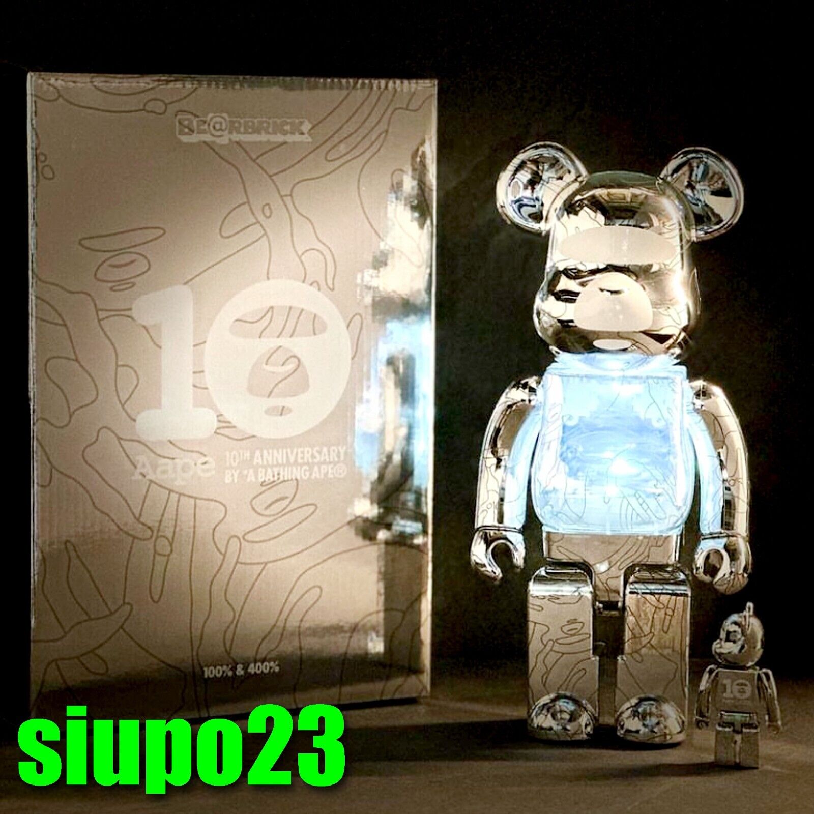 Medicom 400% + 100% Bearbrick ~ AAPE Be@rbrick A Bathing Ape Bape 10  Anniversary