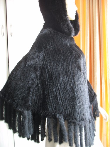 Real Mink Fur Cape Hoodie Poncho Pullover Cloak Coat Tassel Black - Picture 8 of 8