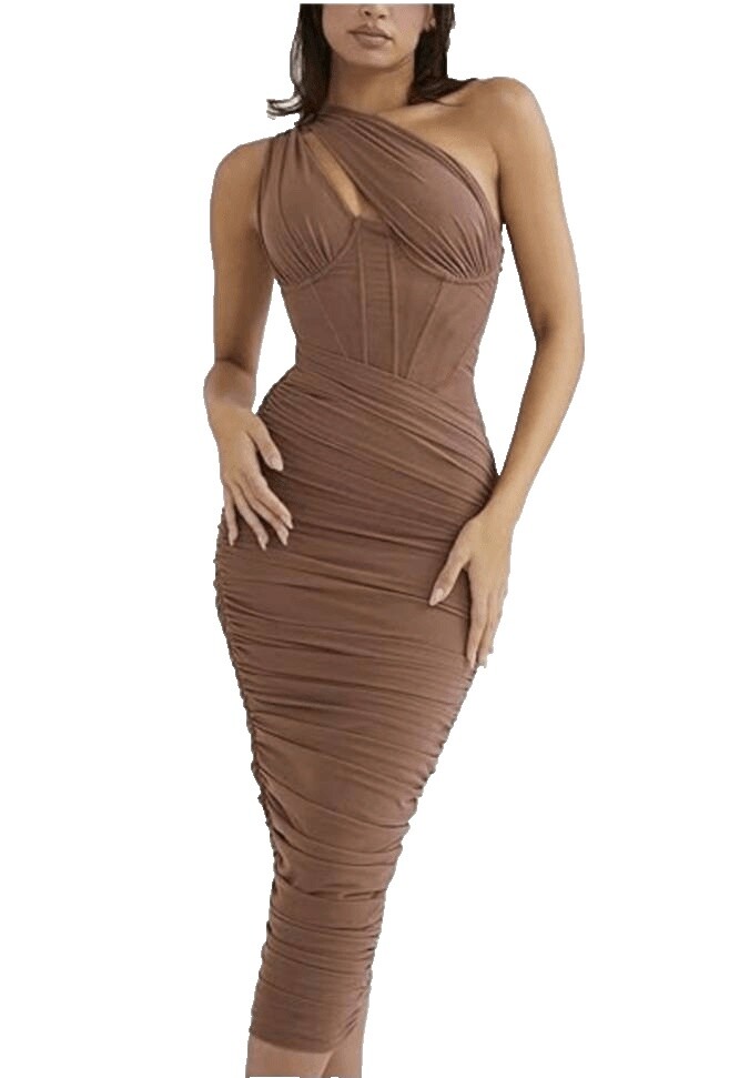 jenny yoo brown dress SHEIN Elenzga Elegant Light Apricot V-Neck Simple Comfortable Vintage |  Dress main image 0
