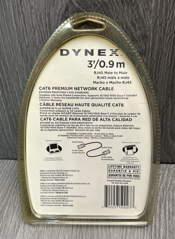 Dynex CAT6 RJ45 Premium Network Cable Ethernet Ring Male to Male 3' 0.9 ...