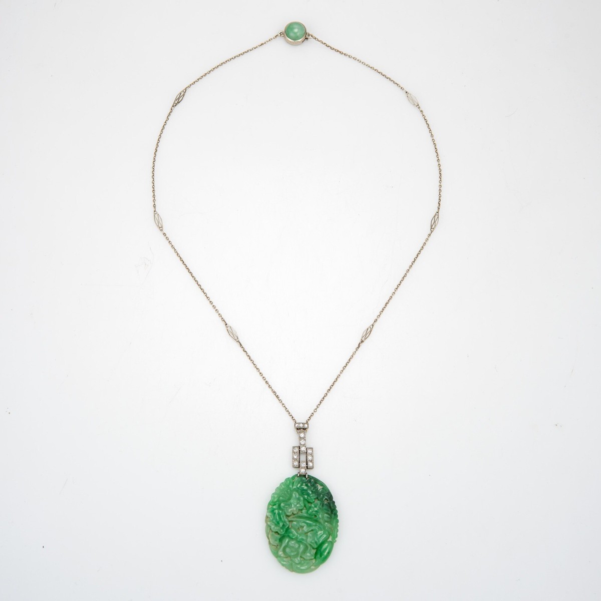 Vintage Art Deco Carved Jade Diamond Necklace Platinum 14k Gold 16