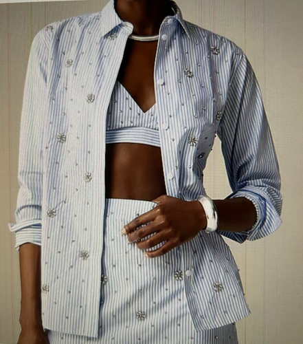 J.Crew $148 Collection Garçon Embellished Shirt in Blue Pinstripe CA581 Size 6