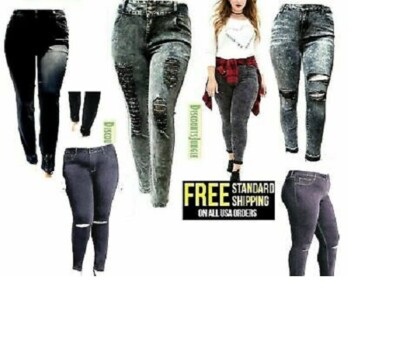 Womens Plus Size Jeans Distressed Black Denim skinny ripped Stretchy pants 14-24