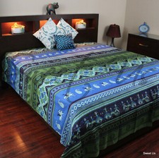 Kalamkari Print Cotton Floral Tapestry Wall Hang Thin Bedspread Queen Blue Green