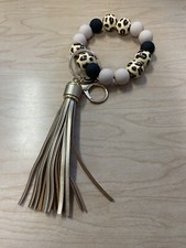 Neutral Gold Black Leopard Wooden Beaded Wristlet Keychain With Tassel