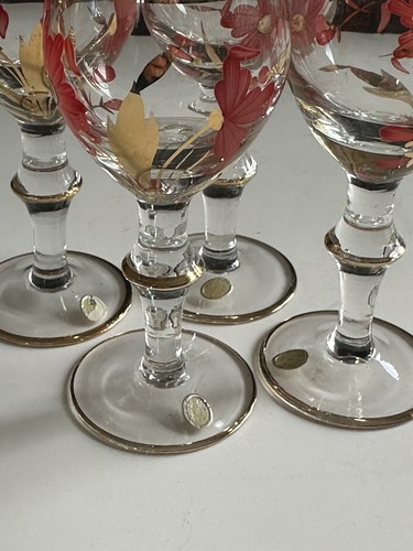 Vintage Bohemian Ruby Red and Gold Cordial Glasses-Hand Painted Florals Set of 4 - Picture 22 of 24