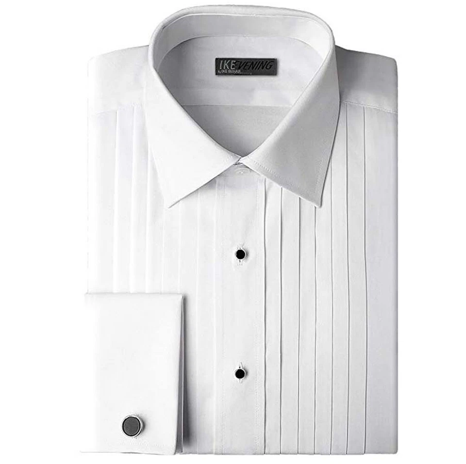Ike Behar White Laydown Collar 1/2" Pleat Tuxedo Shirt with French Cuffs