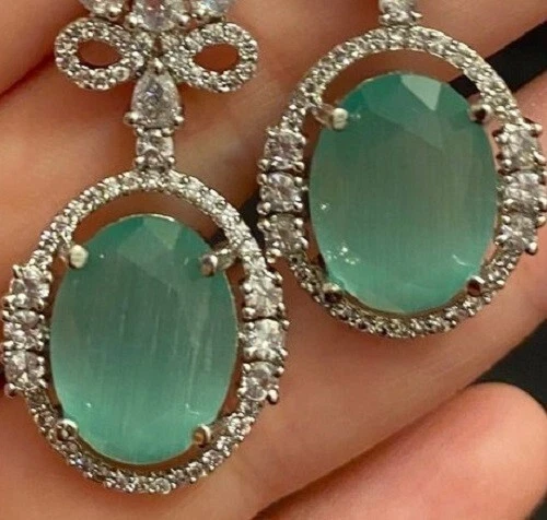 Simulated Aqua Emerald & White Sapphire Drop Dangle Engagement Bridal Earrings - Image 2 of 4