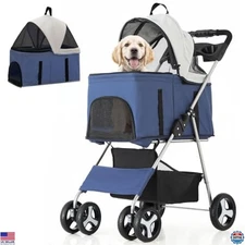 3 in 1 Foldable Pet Stroller for Small & Medium Dogs up to 33 lbs, Navy Blue