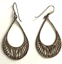 925 STERLING SILVER Filigree Earrings Drop Dangle Teardrop w French Wire Pierced
