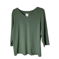 Denim & Co. Top Essentials V-Neck 3/4-Sleeve A309330 Green Size Medium NEW