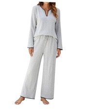 Womens 2 Piece Pajama Sets Fall Ribbed Color Block Lounge Set X-Large Grey