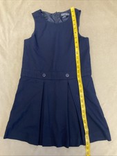 Lands End Plaid Jumper Dress Girls 8 Blue Solid Uniform Altered