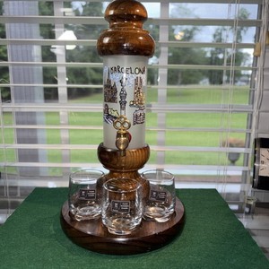 Vintage Liquor Dispenser Wood/Glass Brass Tap Spigot W/3 Germany Shot Glass