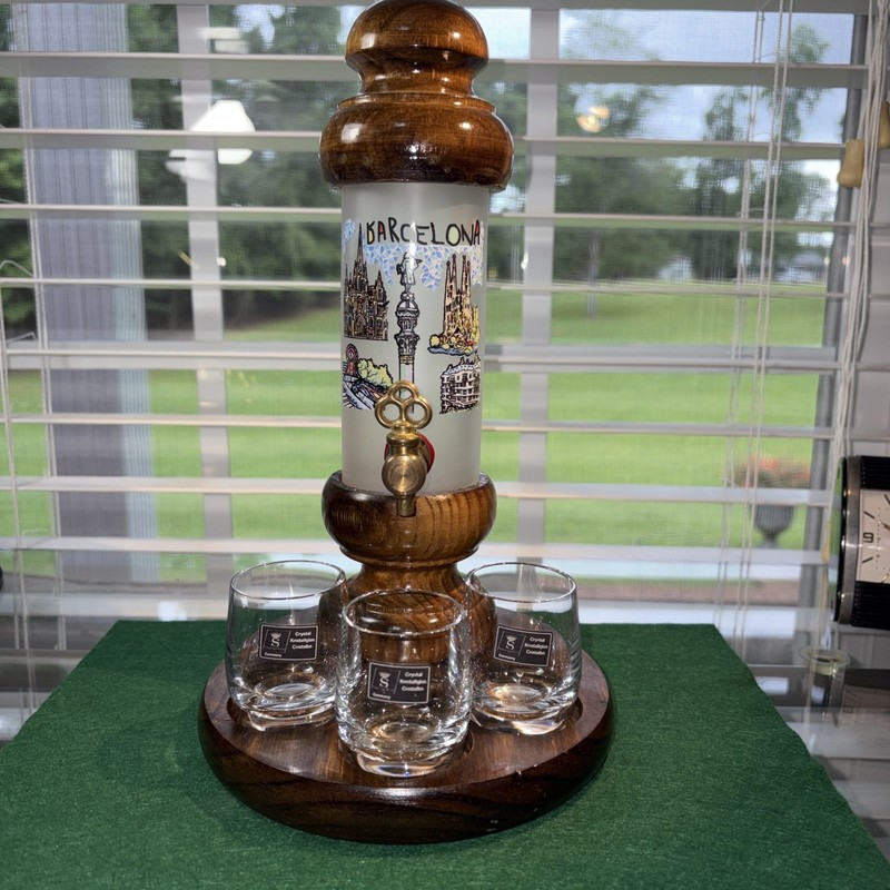 Vintage Liquor Dispenser Wood/Glass Brass Tap Spigot W/3 Germany Shot Glass