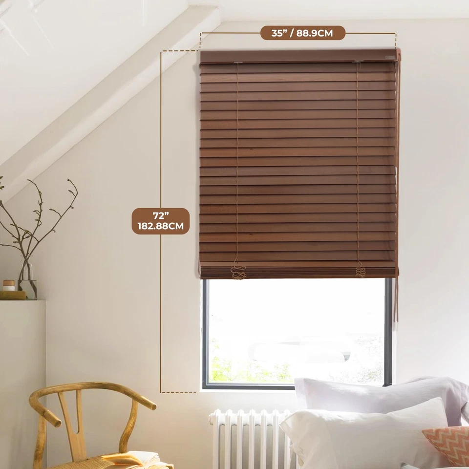 Persianas venecianas de madera de álamo marrón, 34" de ancho x 60" de largo x 7 D, ajuste personalizado horizontal... Foto 2 de 4