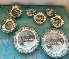 Johnson Bros Friendly Village 2 Plates 2 Bowls 2 Mugs 2 Saucers Vtg Xmas Gift