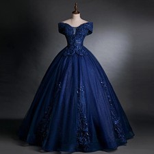 Navy Blue Quinceanera Dress with Lace Off-the-Shoulder Ball Gown Party Dress