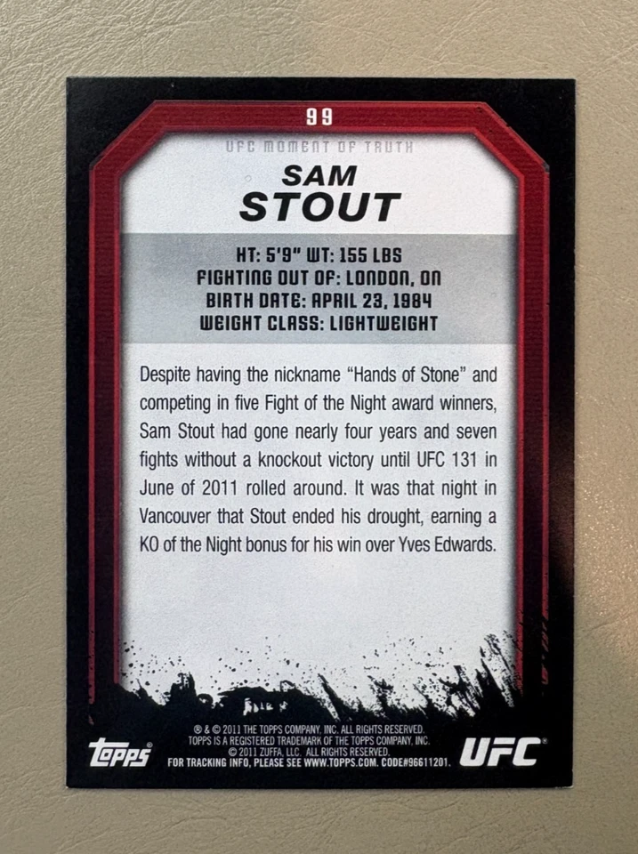 Sam Stout 2011 Topps UFC Moment of Truth #99 Gold Parallel - Image 2 of 2
