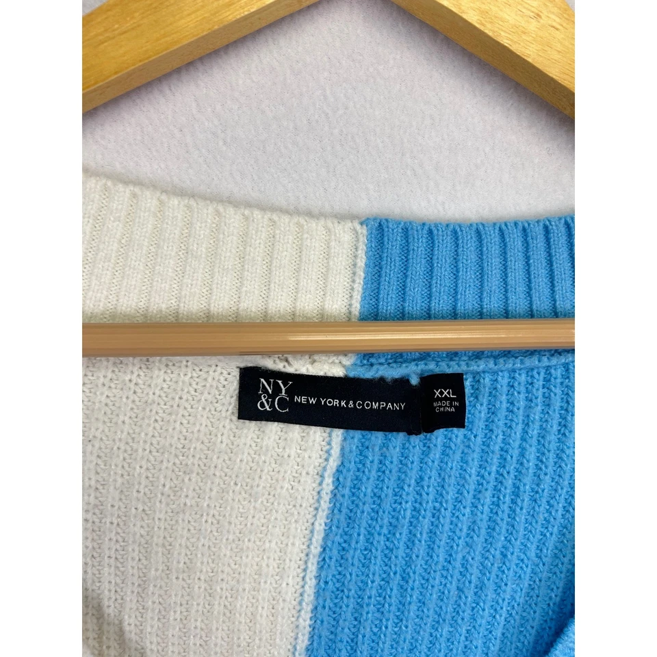 NY and Company Colorblock Staple Sweater Womens XXL Cream Blue Overside Cozy - Image 2 of 4