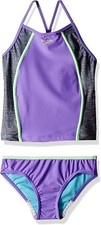 Speedo Girls Heather Splice Tankini 2 PC Set Sz 14 Purple Colorblock