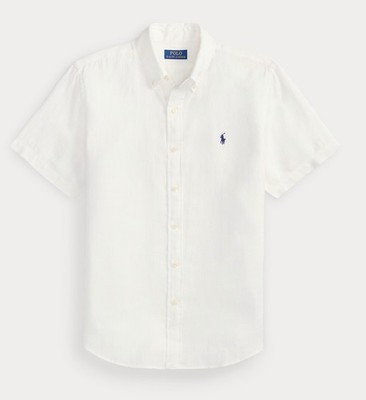 現行 美品 POLO RALPH LAUREN Linen 100% Shirt Polo Ralph Lauren White 100% LINEN Short Sleeve Classic Button