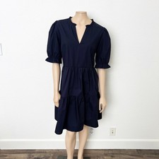 Primark Sz 14 Navy Blue Puff Sleeve Tiered Babydoll V-Neck Mini Smock Dress NWT