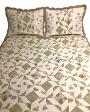 WestPoint Home King Size Patchwork Quilt Set w/ 2 Shams Green Floral Embroidered