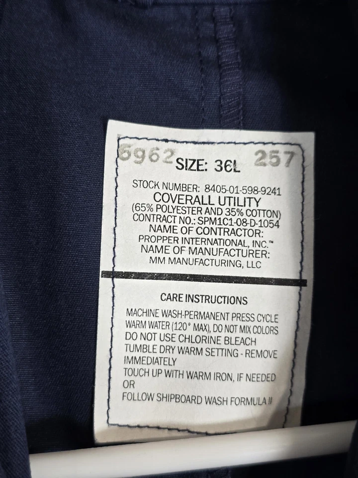 U.S. Navy Utility Coveralls Mens 36L Navy Blue Propper Embroidered Uniform USN - Image 4 of 4