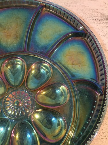 Carnival Glass Turquoise Deviled Egg Snack Serving Dish 572 - Picture 8 of 12