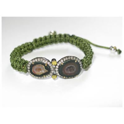 Armband 11,20ct Mehrfarbig Geode Diamant Grün Makramee 925 Silber