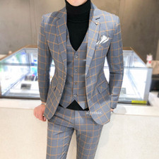 Men Dress Blazers Pants Vest 3pcs Set Wedding Business Formal Plaid Suit Luxury