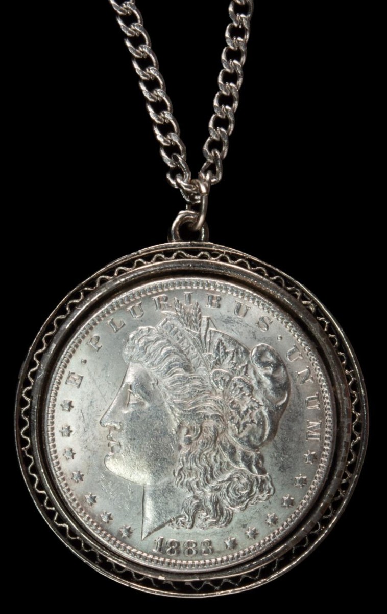 1883 Morgan Silver Dollar Necklace Silver Tone Weave Bezel & 24