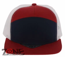 7 PANEL FLAT BILL SNAPBACK TRUCKER BASEBALL CAP HAT WHITE RED NAVY