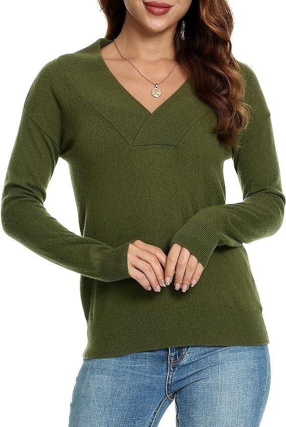 Oshlen Women's V-Neck Sweater Olive Green sz L