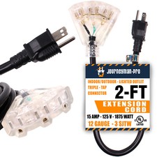 2' Short Extension Cord 2FT Heavy Duty Lighted 3 Outlet Construction 15A 12 AWG