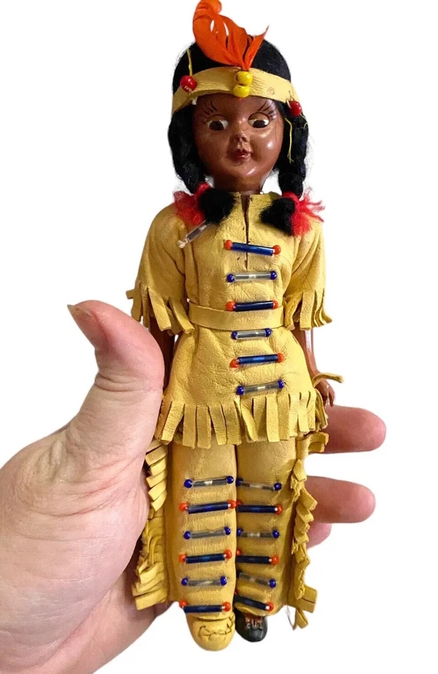 vtg Native American Indian Doll 1960s celluloid leather figure Cherokee Carlson - Изображение 3 из 4