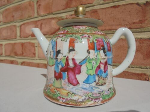 Antique Chinese Export Porcelain Rose Famille Medallion Mini Teapot Courtyard