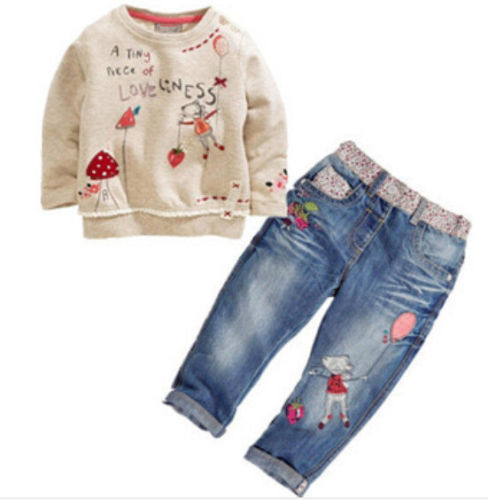 2pcs Fashion lovely Kids Baby Girls Toddler tops + Denim pants Clothes Outfits