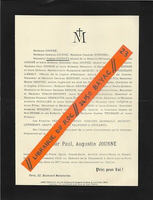 FAIRE PART DECES + Paul Augustin JOURNE +1918 ch de la Chaumette St-Leu-la-Forêt