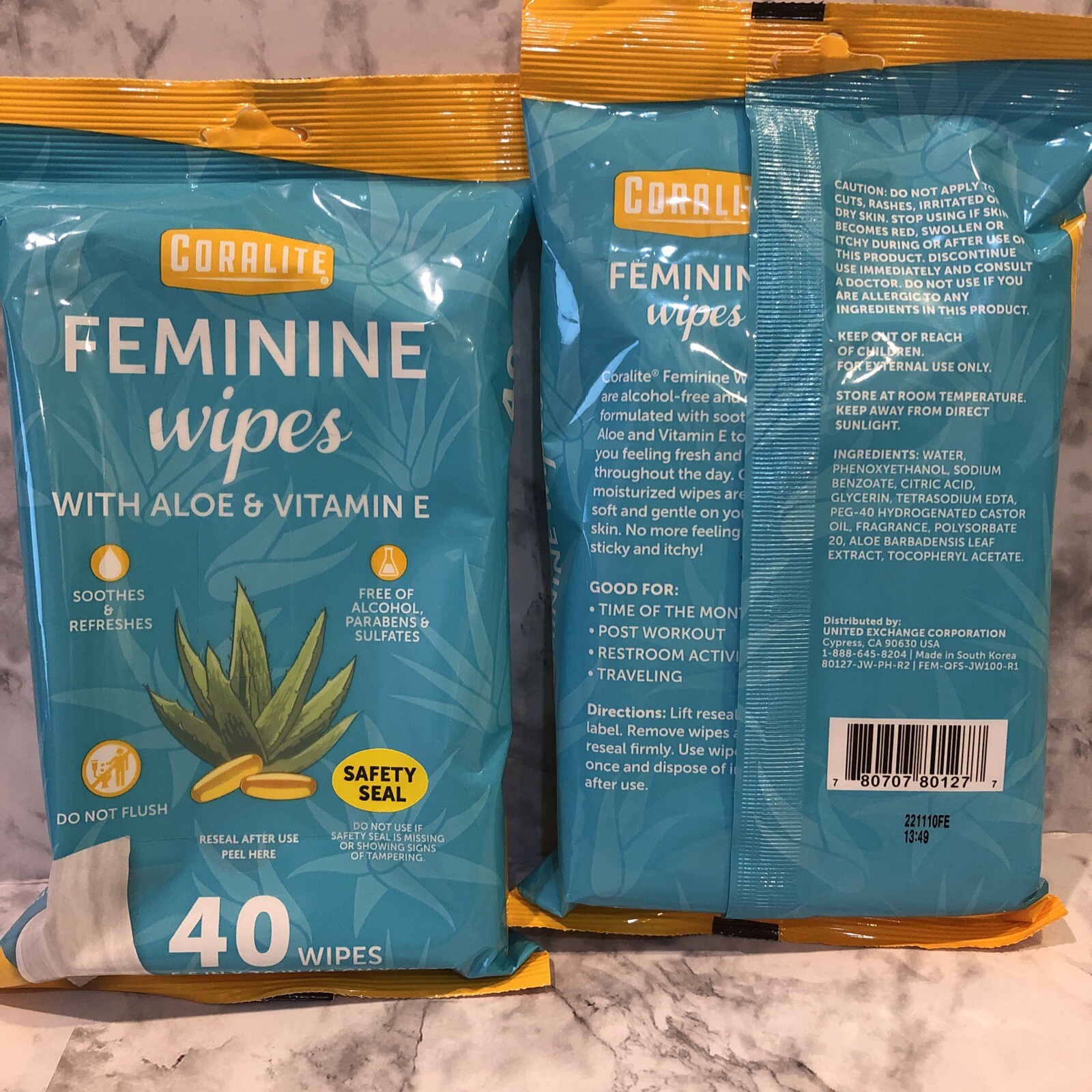 Lot of 12 Coralite Feminine Wipes Refreshes Vitamin E & Aloe 40 Wipes