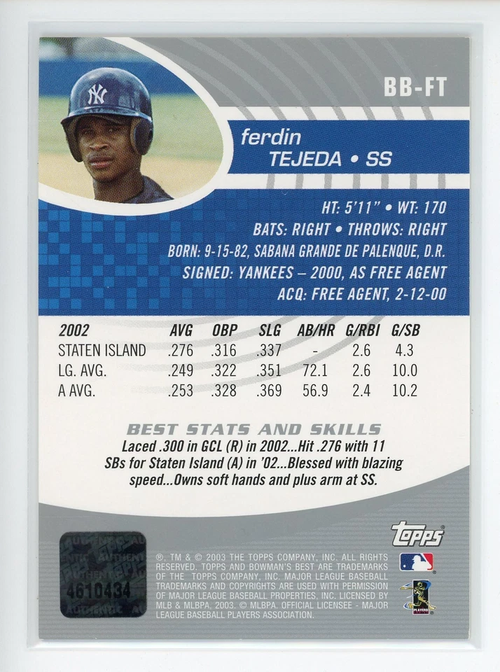 2003 Bowman's Best #BB-FT Ferdin Tejeda Auto - Image 2 of 2
