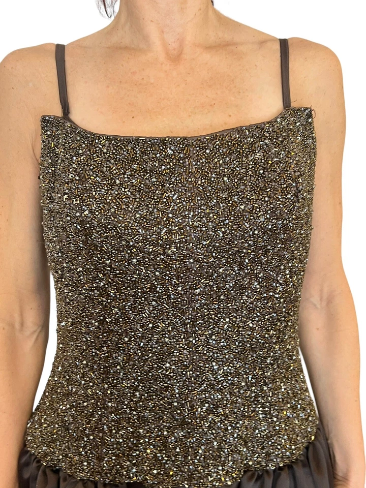 BOB MACKIE WOMEN VINTAGE 80'S SLEEVELSS BROWN BEADED SATIN BALL EVENING GOWN S/M - Image 3 of 4