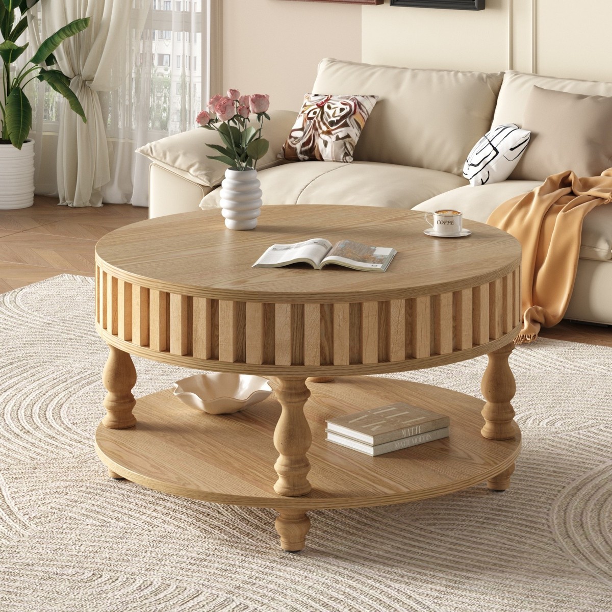 Modern Dual-Tier Round Solid Wood Coffee Table w/ Flip-Top Lid