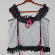 Vintage Paisley Silver Satin Black Lace Hem Camisole size OS 90s Victorian USA