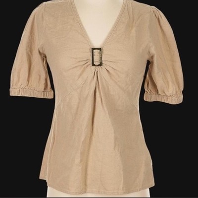 Michael Kors Linen Blend Puff Sleeve Buckle Top Beige Taupe Small Boho